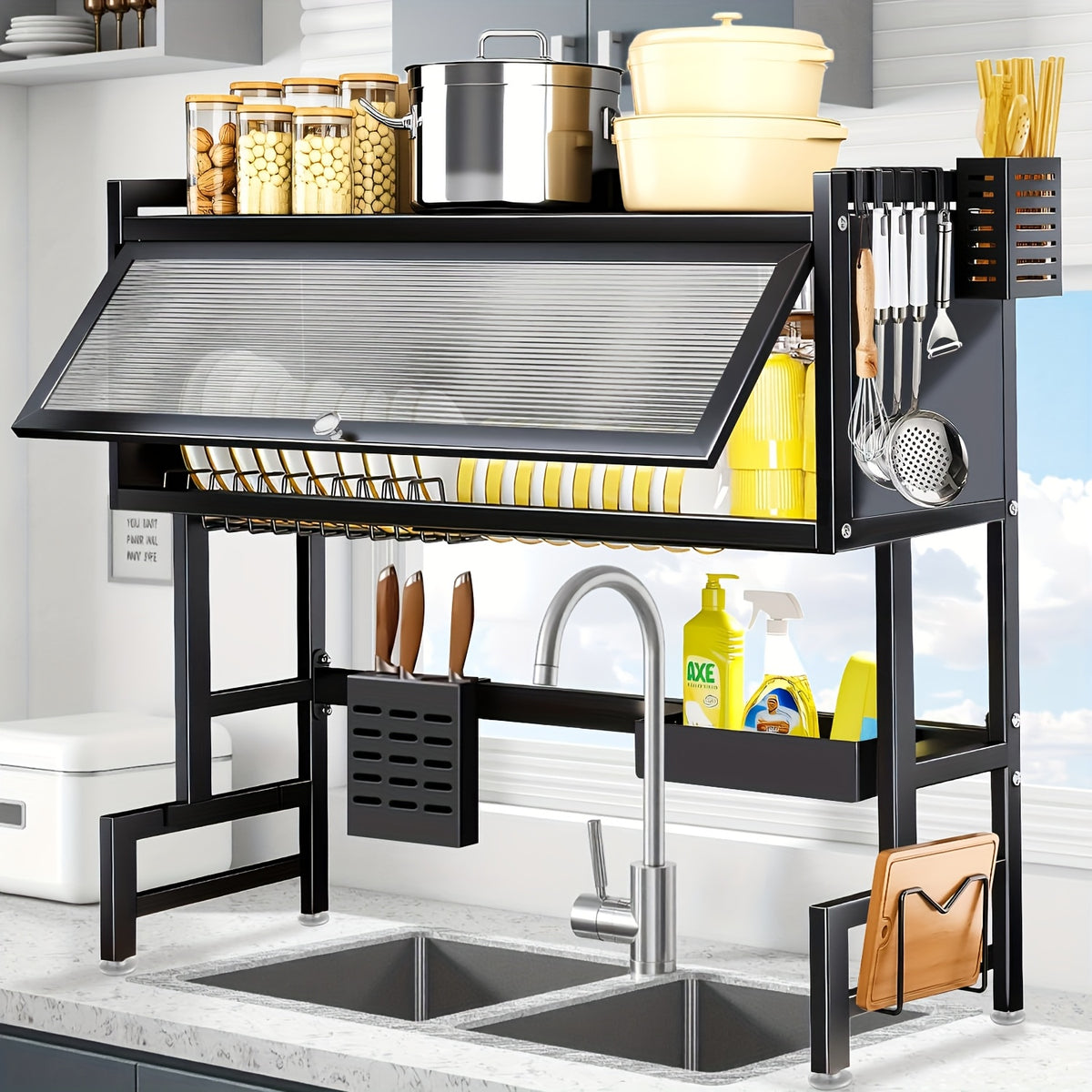 Over The Sink Dish Drying Rack with Dustproof Cover, 3-Tier Large Capacity Organizer for Dishes, Glasses, Bowls & Cutlery – Space-Saving Black Kitchen Storage Rack