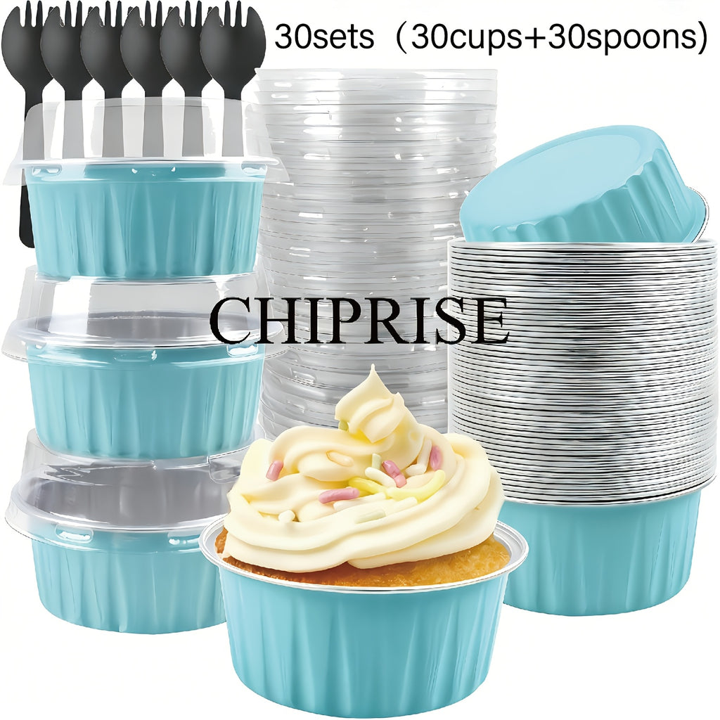 Aluminum Foil Baking Cups with Lids – Assorted Color Cupcake & Muffin Tins for Parties, Weddings & Events | 50-Pack with Lids or 30-Set with Spoons