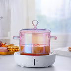 Pink Glass Cooking Pot 1500ml with Heart-Shaped Lid Boiling Stewing Multi-Function Glass Pot for Pasta Soup Congee Noodles Compatible with Electric Ceramic Stovetop