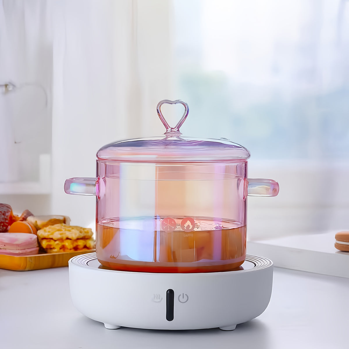 Pink Glass Cooking Pot 1500ml with Heart-Shaped Lid Boiling Stewing Multi-Function Glass Pot for Pasta Soup Congee Noodles Compatible with Electric Ceramic Stovetop