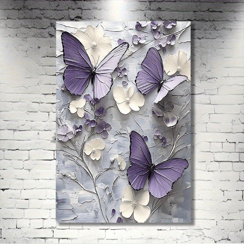 Elegant Butterfly Floral Canvas Wall Art – Wooden Framed Large Print, Rustic Farmhouse Style, Purple & White Floral Design on Grey Background, Perfect for Wedding, Bridal Shower, Living Room & Home Decor