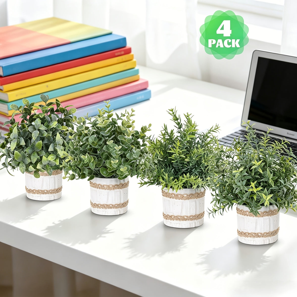 4-Pack Small Artificial Potted Plants Indoor Faux Greenery in Paper Pulp Pots for Shelf Desk Home Farmhouse Bathroom Room Decor