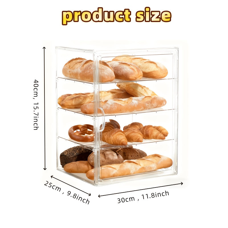 4-Tier Clear Bread Box with Magnetic Door Adjustable Bakery Display Case Countertop Organizer for Bread Muffins Bagels Pastries – Food-Safe Durable Plastic Kitchen Storage