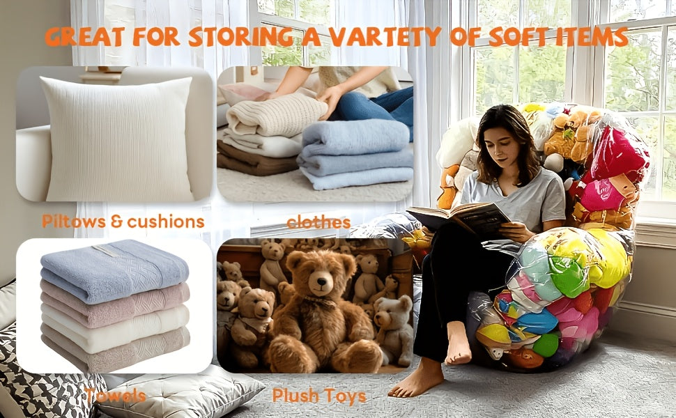 Stuffed Animal Storage Bean Bag Chair – Transparent PVC Plush Toy Organizer Sofa for Kids Room & Playroom, Large Capacity Doll Storage, Easy to Clean, Available in Round Bag & Sofa Styles