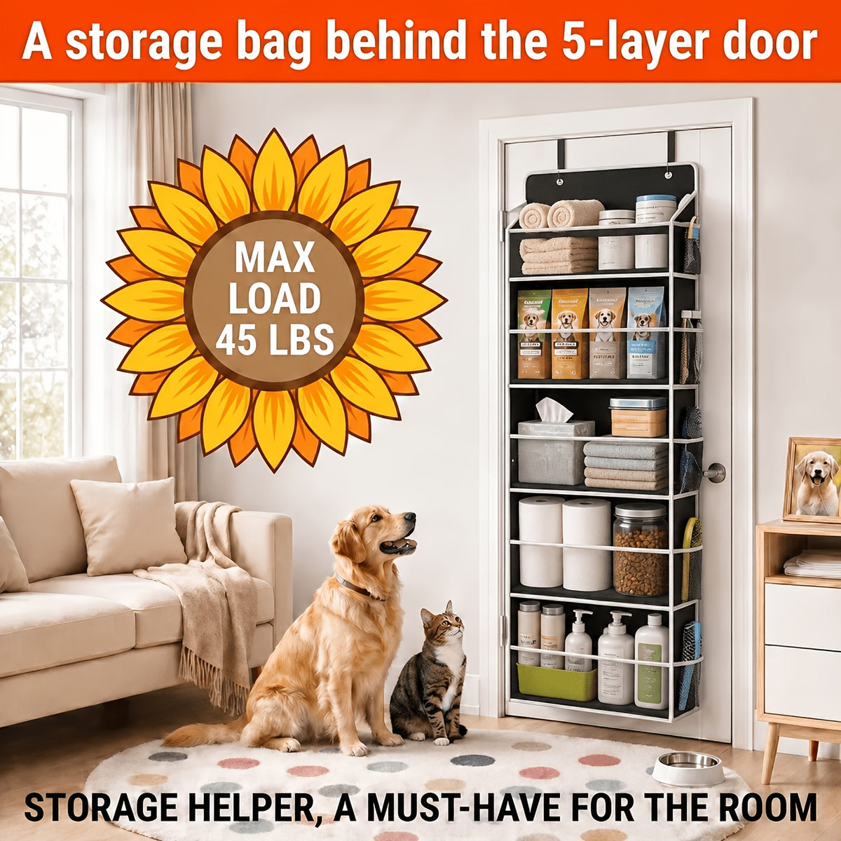 5-Shelf Over Door Hanging Organizer Non-Woven – No Drill Wall & Door Mount Storage Bag with Shelf Baskets for Bedroom, Bathroom & Closet