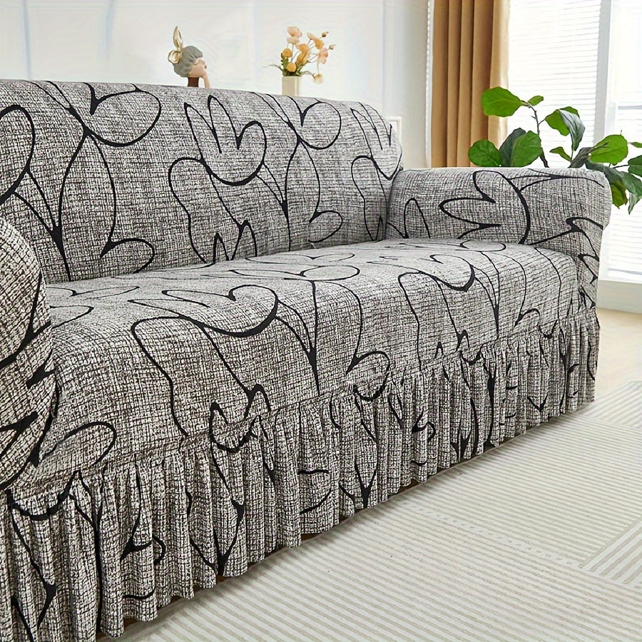 Elastic Sofa Cover with Printed Skirt - Universal Stretch Couch Slipcover Furniture Protector 2 3 4 Seater Living Room Bedroom Office All Seasons