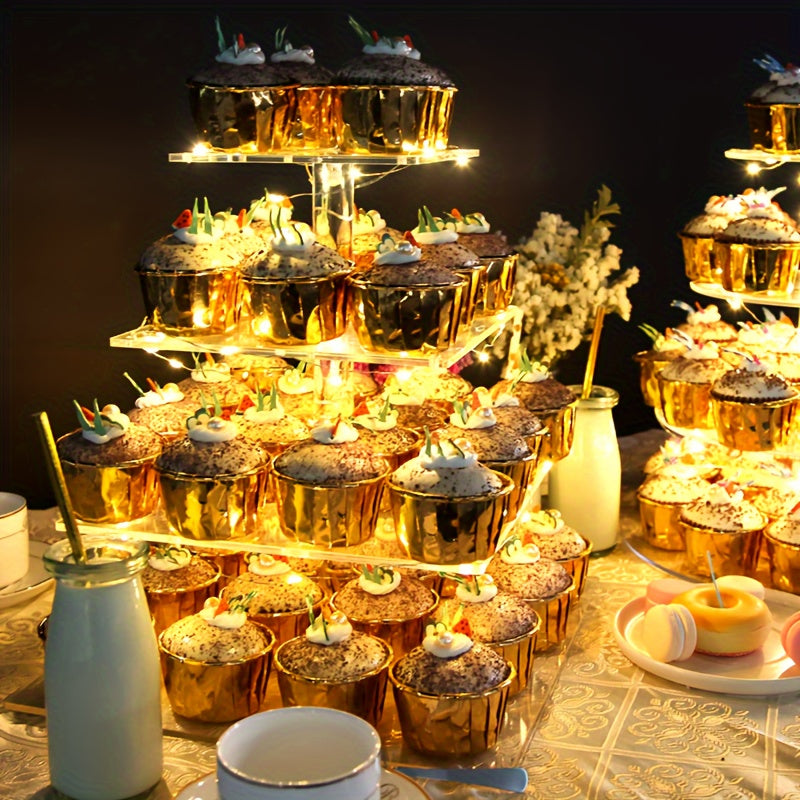 4-Tier Square Acrylic Cupcake Stand with LED Light Strip Holds 52 Cupcakes Dessert Display Tower for Weddings Birthdays Christmas Parties Graduations