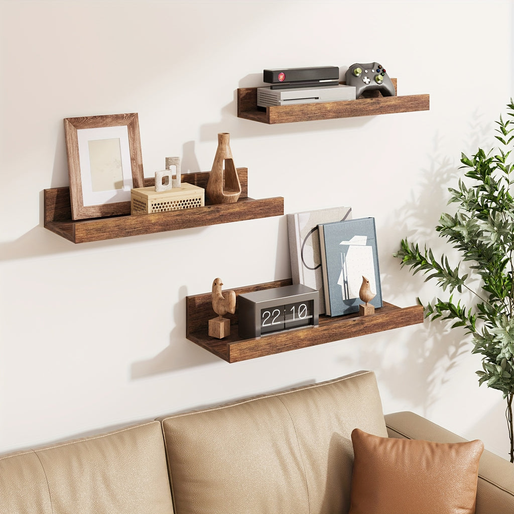Floating Wall Shelves Set of 3, Wall Mounted Display Shelf 3 Sizes Heavy Duty Brown Storage Rack – Space Saving Home Organizer for Bathroom Bedroom Living Room Kitchen