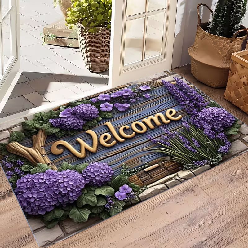 Floral Doormat Indoor Non-Slip Hydrangea Lavender Print Flannel Welcome Mat Easy Clean for Entrance Bedroom Living Room Holiday Decor 3 Sizes
