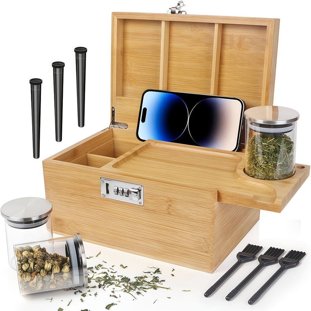 Bamboo Storage Box with Combination Lock Large Smell-Proof Wooden Box Kit with Sliding Tray, Removable Compartments, 3 Glass Jars, Brushes & Tubes – Elegant Desktop Organizer Gift Set for Home Office