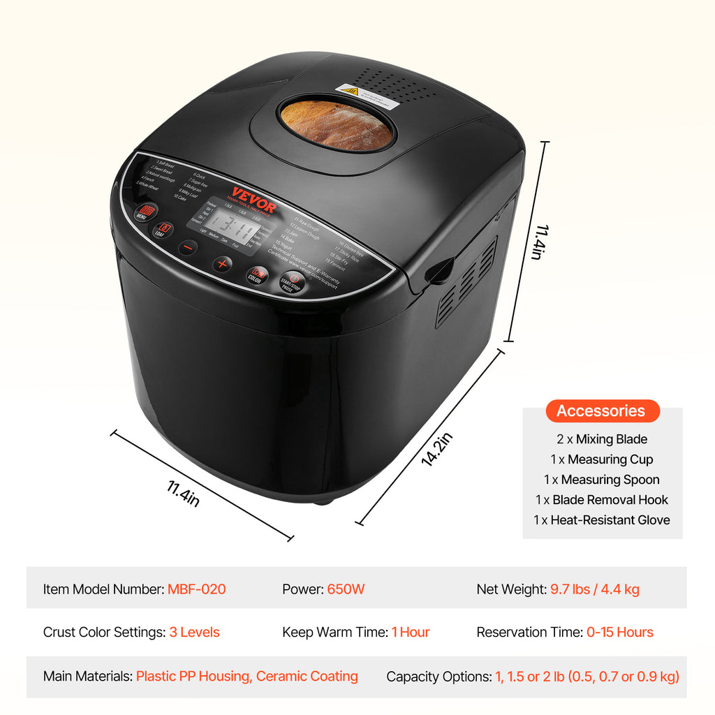 Bread Maker Machine 19-in-1 with Ceramic Non-Stick Pan, 15-Hour Timer, 3 Crust Colors, Auto Keep-Warm – Up to 2 LB Loaf
