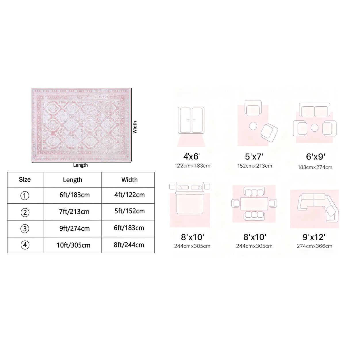 Vintage Retro Area Rug Pink Machine Washable Non-Slip Low Pile for Living Room, Bedroom & Dining – Lightweight Indoor Carpet, 4 Sizes