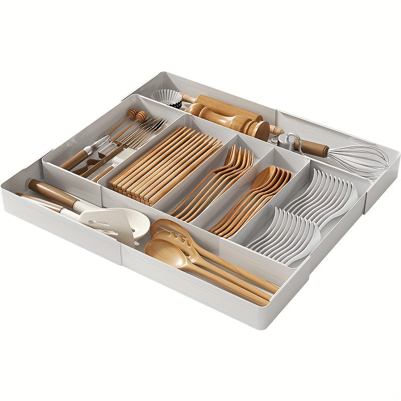 Expandable Kitchen Utensil Drawer Organizer Tray with Adjustable Dividers – Multiple Compartments for Forks, Spoons, Knives & Chopsticks, Durable Plastic, Extra Large 4-Direction Extension for Home Kitchen