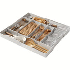 Expandable Kitchen Utensil Drawer Organizer Tray with Adjustable Dividers – Multiple Compartments for Forks, Spoons, Knives & Chopsticks, Durable Plastic, Extra Large 4-Direction Extension for Home Kitchen