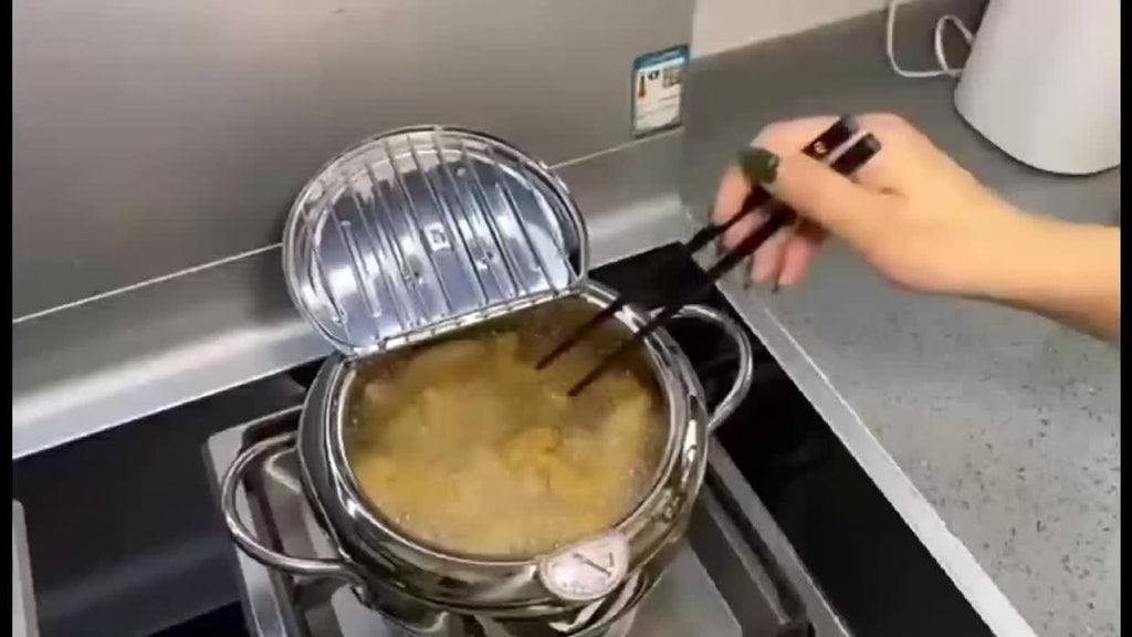 Deep Fryer Pot 304 Stainless Steel Japanese Tempura Frying Pot with Oil Drain Rack, Temperature Control & Lid - Stovetop & Induction Compatible for French Fries, Chicken, Donuts - Home Kitchen