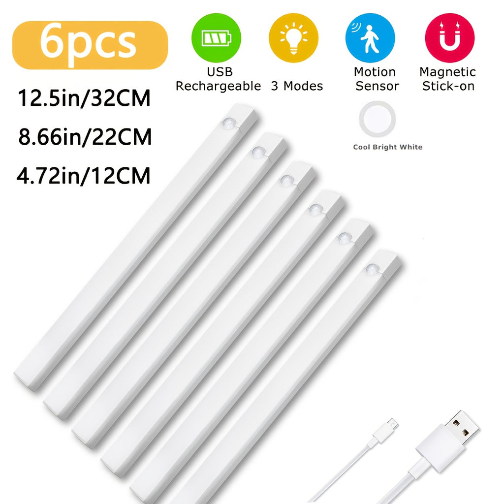 6-Pack Smart LED Motion Sensor Cabinet Light – USB Rechargeable, 3 Modes, Night Light for Bedroom, Stairs, Kitchen & Closet