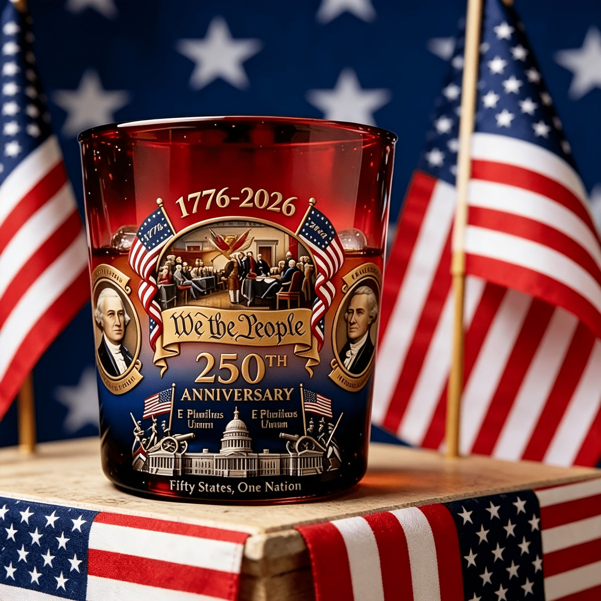 250th Anniversary Whiskey Glasses Set of 2 – 1776-2026 Commemorative We the People Gradient Glass Tumblers, 10oz Oval Gift for Patriotic Celebrations