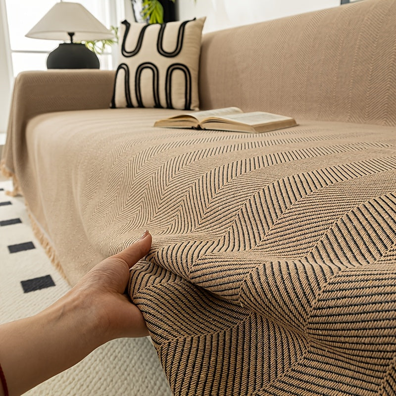 Herringbone Sofa Cover with Tassels – Washable Polyester Throw for 3-Seater, 4-Seater & Large Sofas | Grey, Coffee, Green