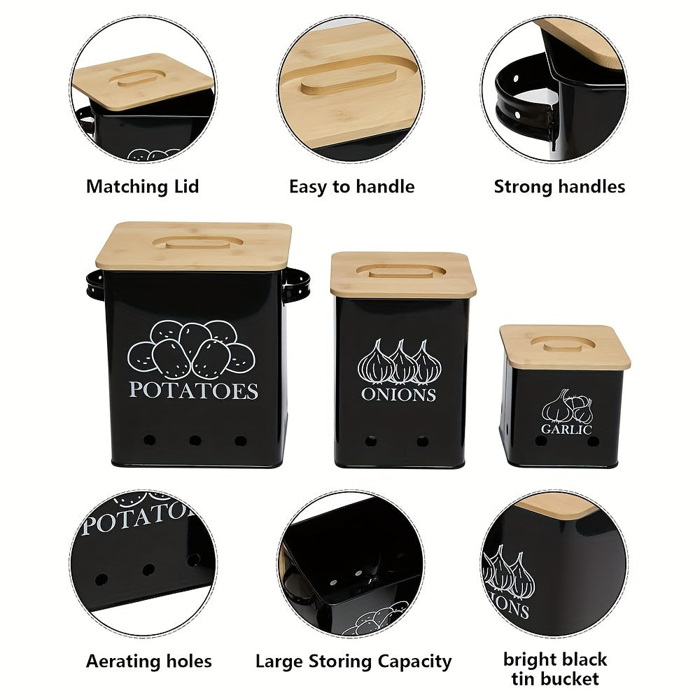 Kitchen Canister Set 3-Pack - Potato Onion Garlic Storage Bins with Wooden Lid, Countertop Vegetable Keeper Containers for Kitchen Organization, Black White & Green