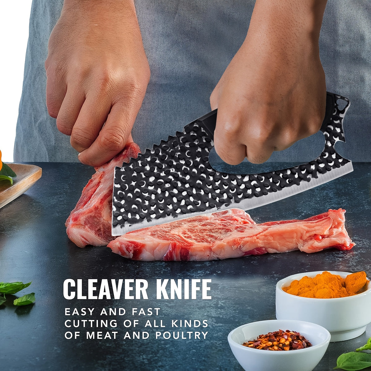 Butcher Knife Non-Stick Blade with Non-Slip Ergonomic Handle – Sharp Heavy-Duty Meat Cleaver with Built-In Bottle Opener & Hanging Loop for Kitchen & BBQ