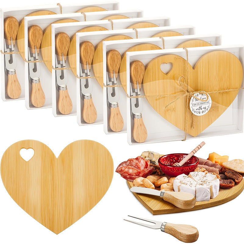 Heart-Shaped Mini Charcuterie Board & Cheese Knives Gift Set – Wood Bridal Shower Favor, Wedding Gift & Party Thank-You Box | Acacia & Bamboo | 6 or 12 Sets
