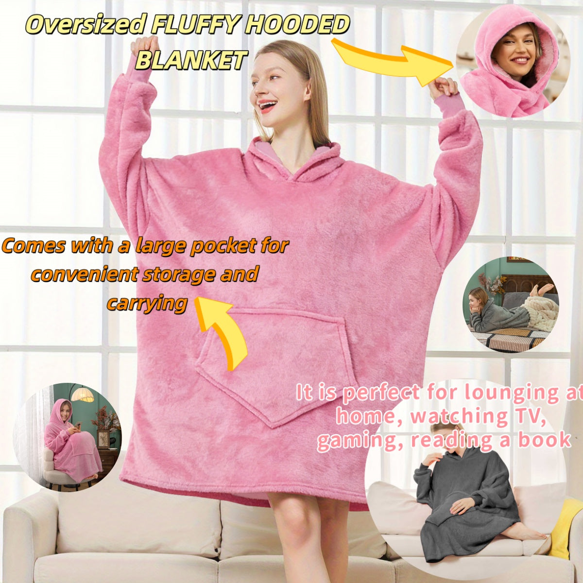 Hoodie Wearable Blanket for Men & Women – Thick Flannel Oversized Sweatshirt Blanket with Pockets, Soft Cozy Warm Winter Lounge Wrap for Adults