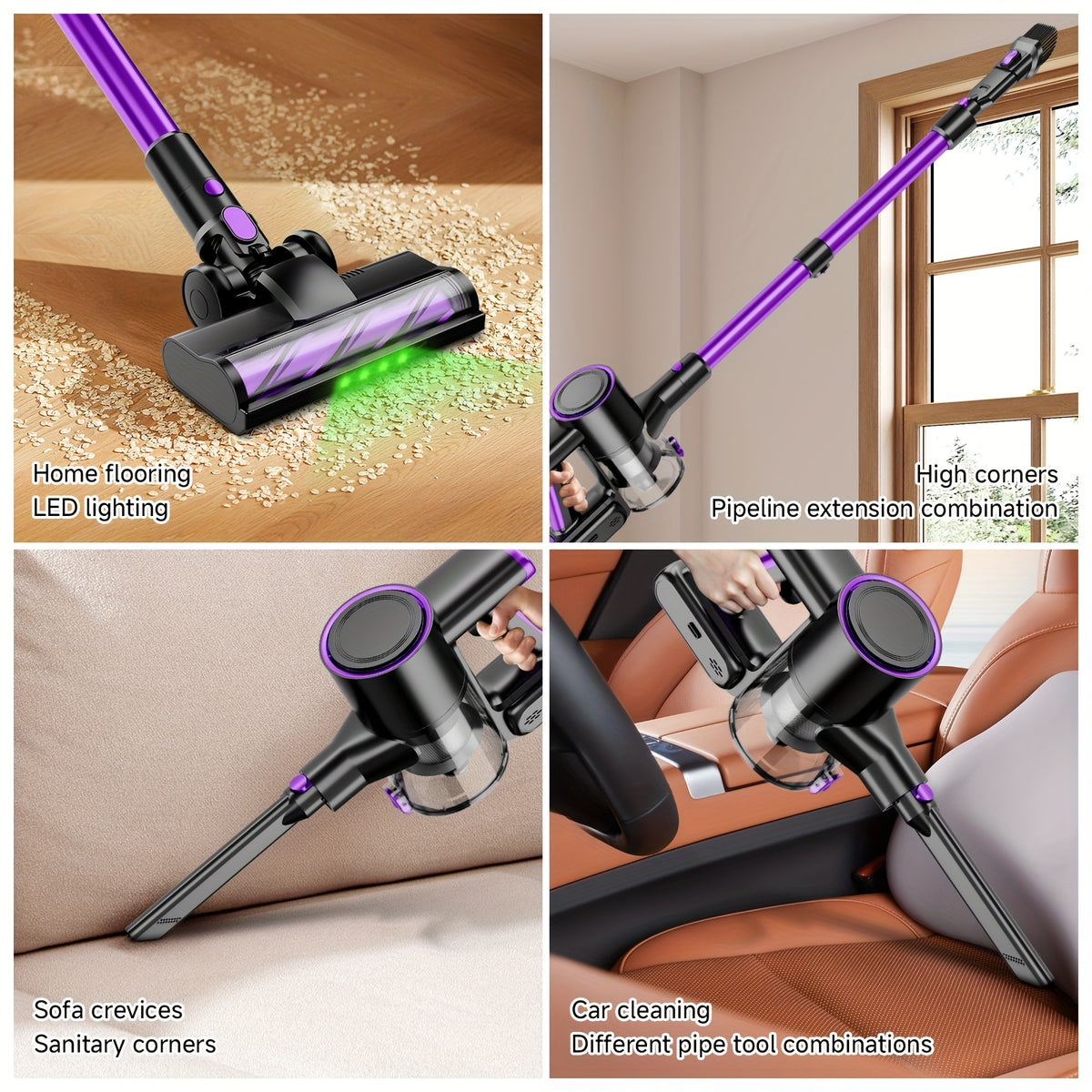 Cordless Stick Vacuum Cleaner 51-68KPa – 3-Speed Adjustable, 45-Min Runtime, Detachable Handheld, LED Floor Brush for Pet Hair, Carpet & Hard Floor