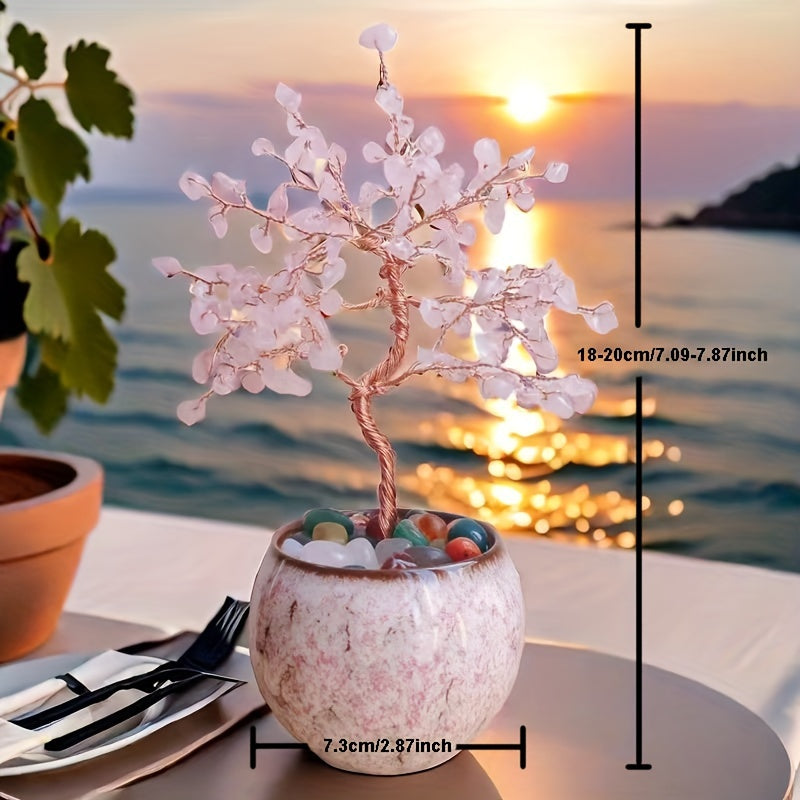 Crystal Christmas Tree Ornament 7 Inch with Ceramic Base | Pink Quartz Faux Gemstone Desktop Decor for Home Office, Birthday Valentine's Thanksgiving Gift, Colorful Indoor Decorative Tree