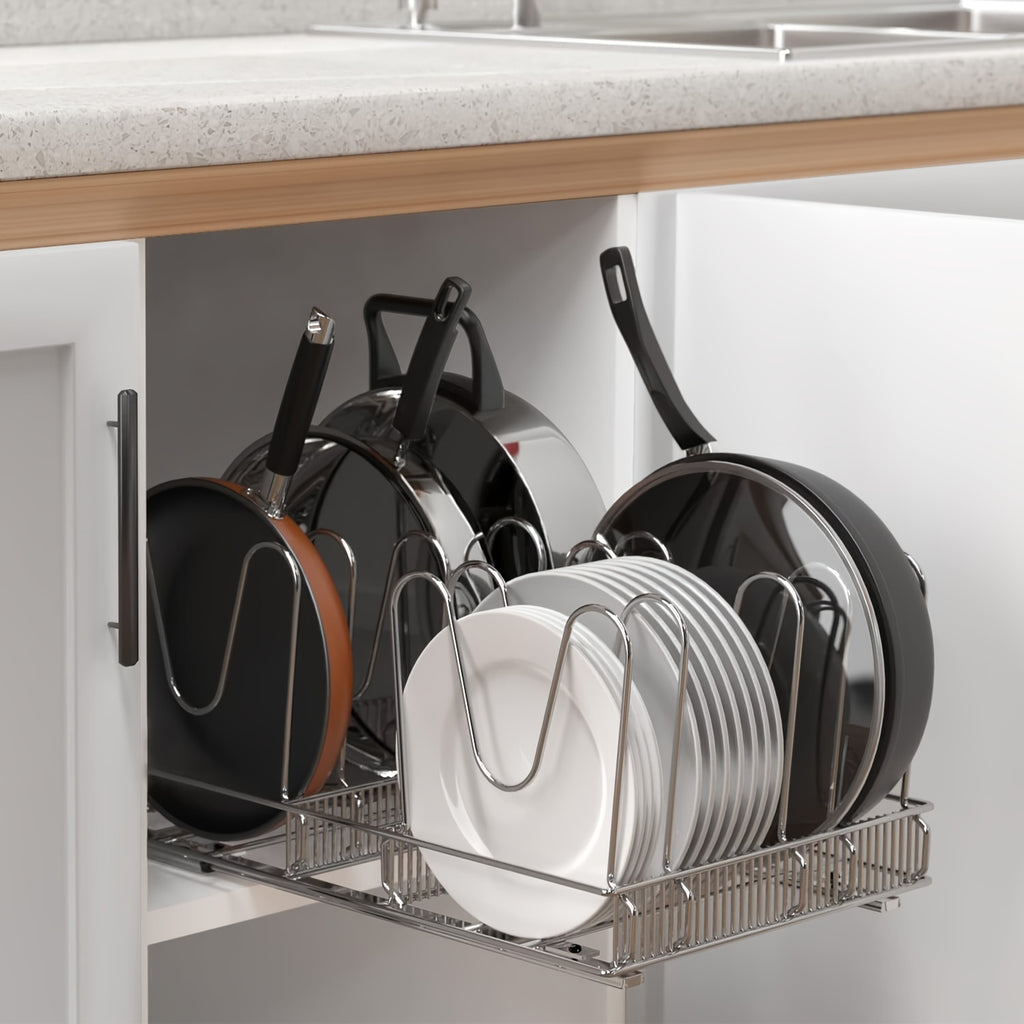 Pots & Pans Organizer Rack for Under Cabinet – 10 Adjustable Dividers, Pull-Out Chrome Steel, for Pot Lids, Cutting Boards & Bakeware, 11” W × 17.5” D × 8.3” H