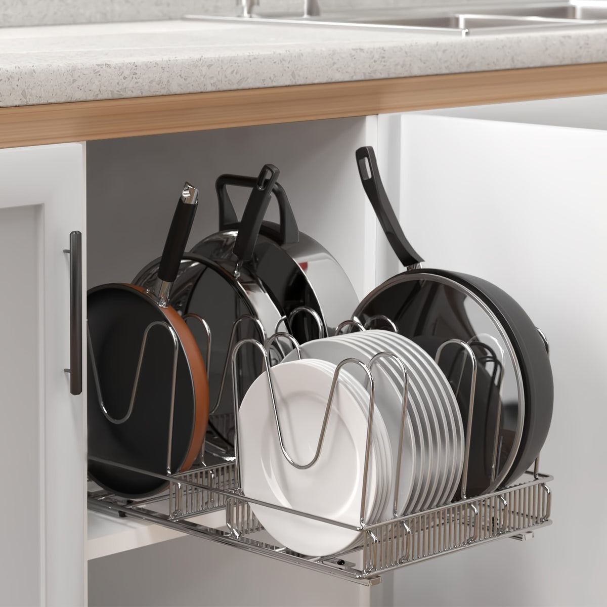 Pots & Pans Organizer Rack for Under Cabinet – 10 Adjustable Dividers, Pull-Out Chrome Steel, for Pot Lids, Cutting Boards & Bakeware, 11” W × 17.5” D × 8.3” H