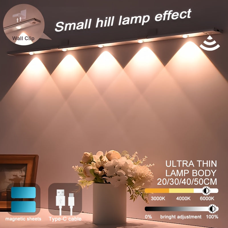 LED Motion Sensor Light Strip USB Rechargeable – Under Cabinet Wardrobe Night Light, 3 Color Modes, Self-Adhesive Magnetic Mount for Kitchen, Bedroom & Shoe Cabinet | 20/30/40cm