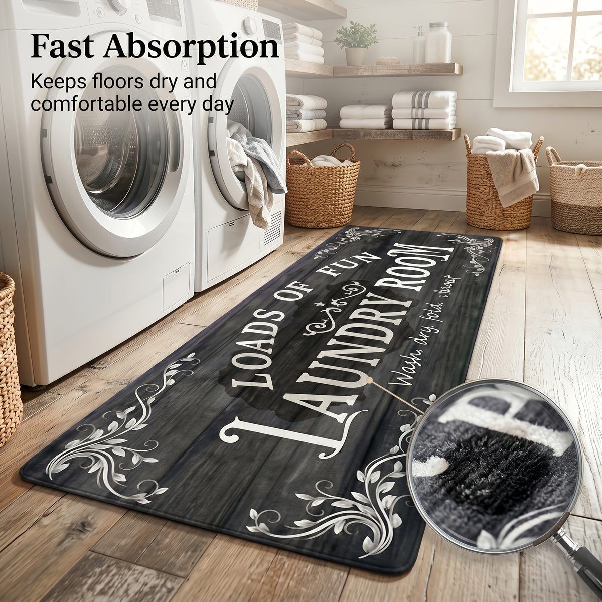 Non-Slip Laundry Room Rug Machine Washable - Rubber Backing Anti-Skid Standing Mat with Text Design for Laundry, Kitchen, Bathroom, Porch & Balcony – Comfort Floor Mat Home Decor