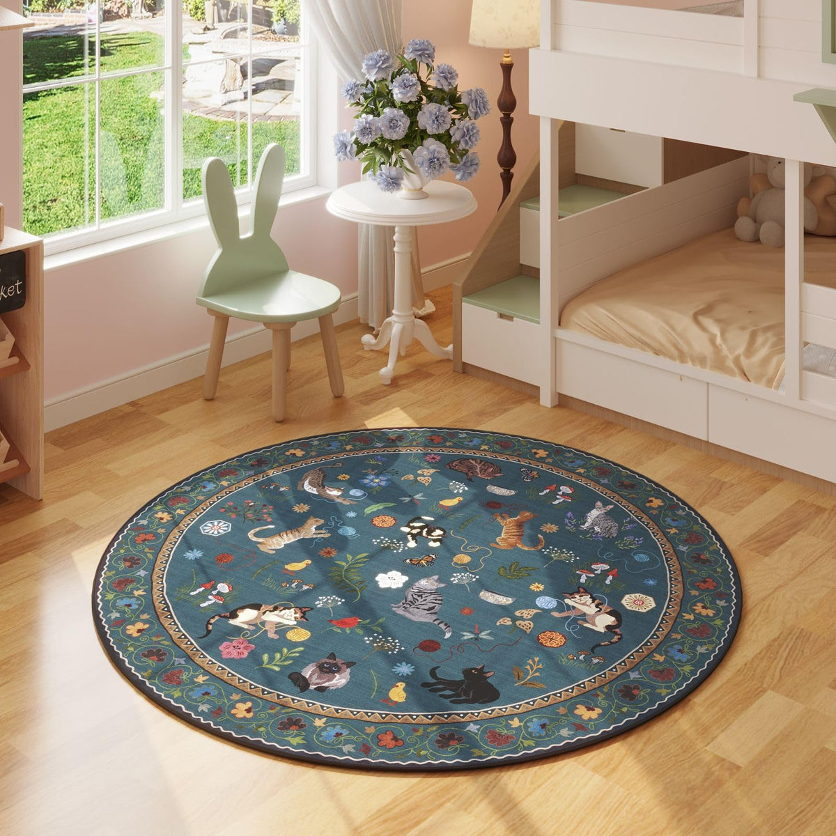 Boho Cat Print Area Rug Low Pile Non-Slip Floral Vintage Indoor Carpet for Living Room Bedroom Dining Room Runner Round Large