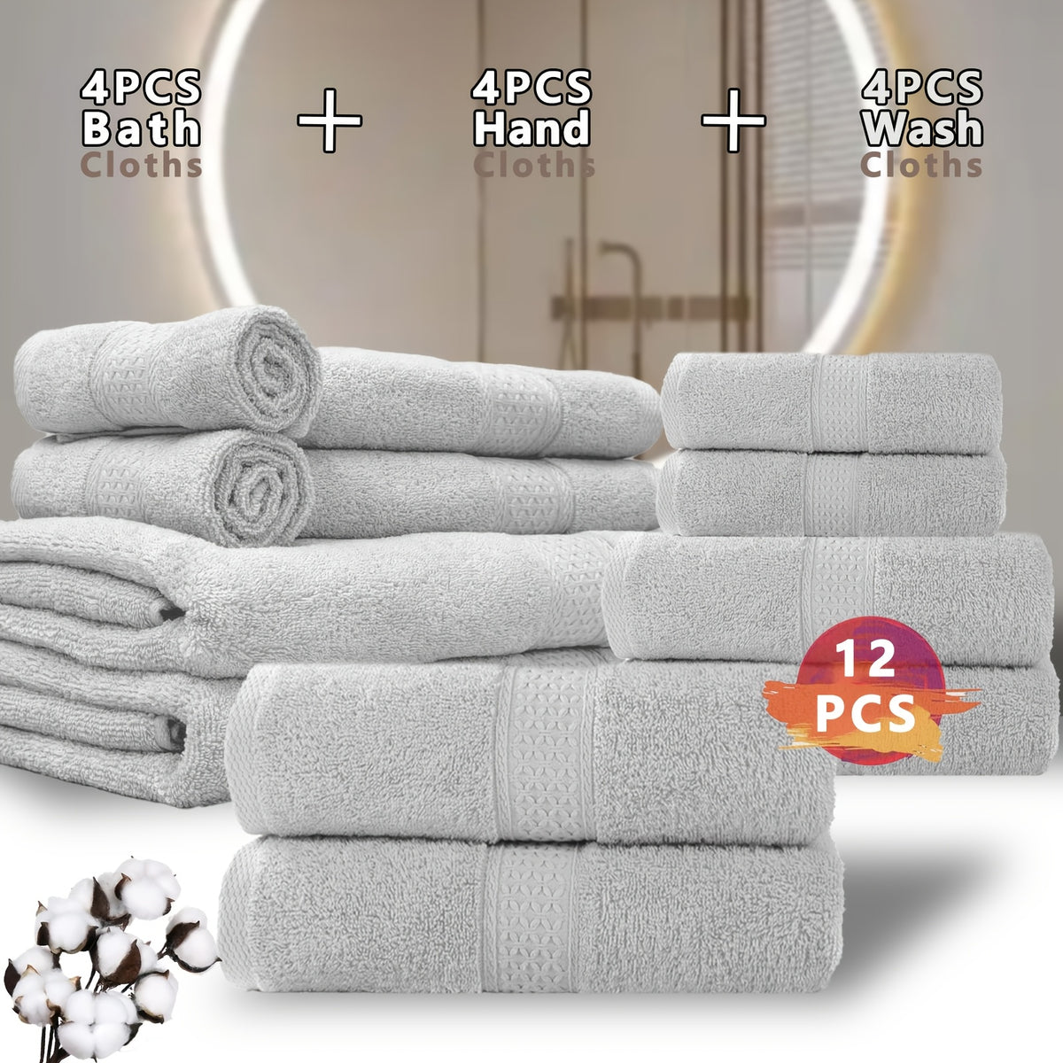 100% Cotton Bath Towel Set 12 & 24 Piece – 450 GSM Soft Absorbent Towels with Bath Towels, Hand Towels & Washcloths | Spa Quality for Home, Travel & Gifts