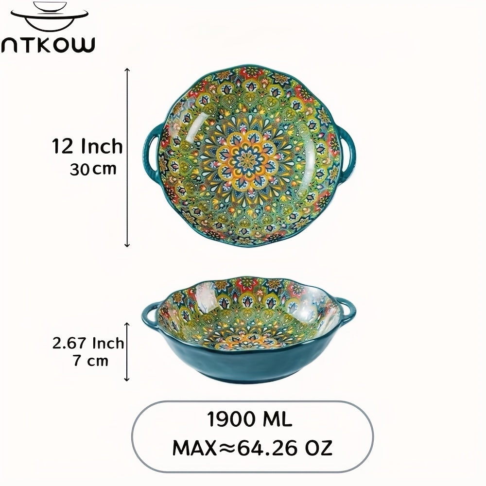 Bohemian Ceramic Salad Bowl 12 Inch with Dual Handles Large Capacity Microwave Safe Dishwasher Safe Oven Proof Porcelain Serving Bowl