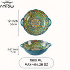 Bohemian Ceramic Salad Bowl 12 Inch with Dual Handles Large Capacity Microwave Safe Dishwasher Safe Oven Proof Porcelain Serving Bowl