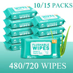 Flushable Wet Wipes for Adults Bulk Pack 480 or 720 Wipes Septic Safe Quick-Dispersing Plant-Based Fibers No Alcohol Toilet Wipes for Personal & Household Cleaning Standard Plumbing Compatible