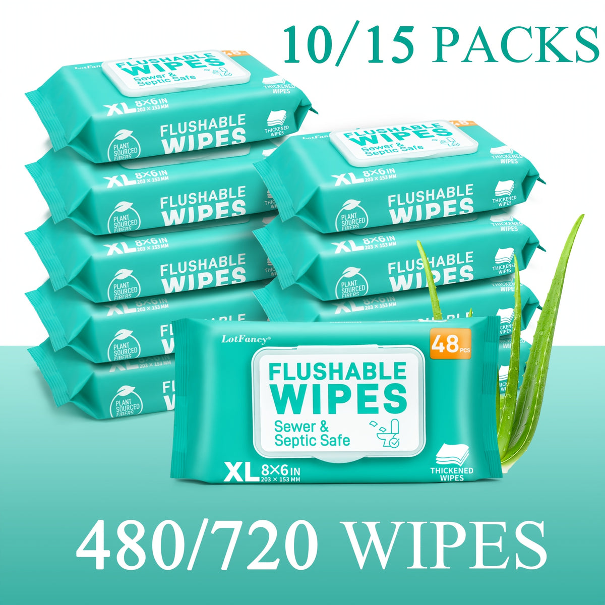 Flushable Wet Wipes for Adults Bulk Pack 480 or 720 Wipes Septic Safe Quick-Dispersing Plant-Based Fibers No Alcohol Toilet Wipes for Personal & Household Cleaning Standard Plumbing Compatible