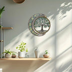 Moon & Green Tree Iron Wall Sculpture 15.75×15.75 Inch – Art Deco Metal Wall Hanging Decor for Home, Patio, Yoga Studio & Teahouse, Holiday Gift for Wedding, Christmas, Thanksgiving & Halloween