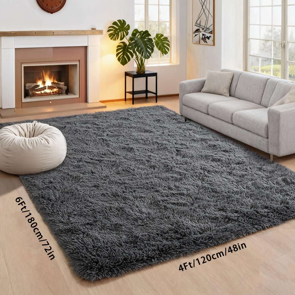 Fluffy Shaggy Area Rug 4x6 High Pile Non-Slip for Bedroom, Living Room & Dining – Soft Fuzzy Plush Floor Carpet in Gray & Tie-Dye Rainbow