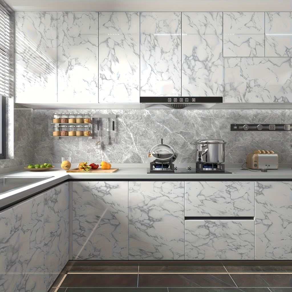 Marble Contact Paper Waterproof Self-Adhesive PET Film Heat Oil Resistant Glossy Vinyl Wrap for Kitchen Cabinets Bathroom Countertops Drawer Liner Furniture Decor White Black Marble 15.75x196.85 in