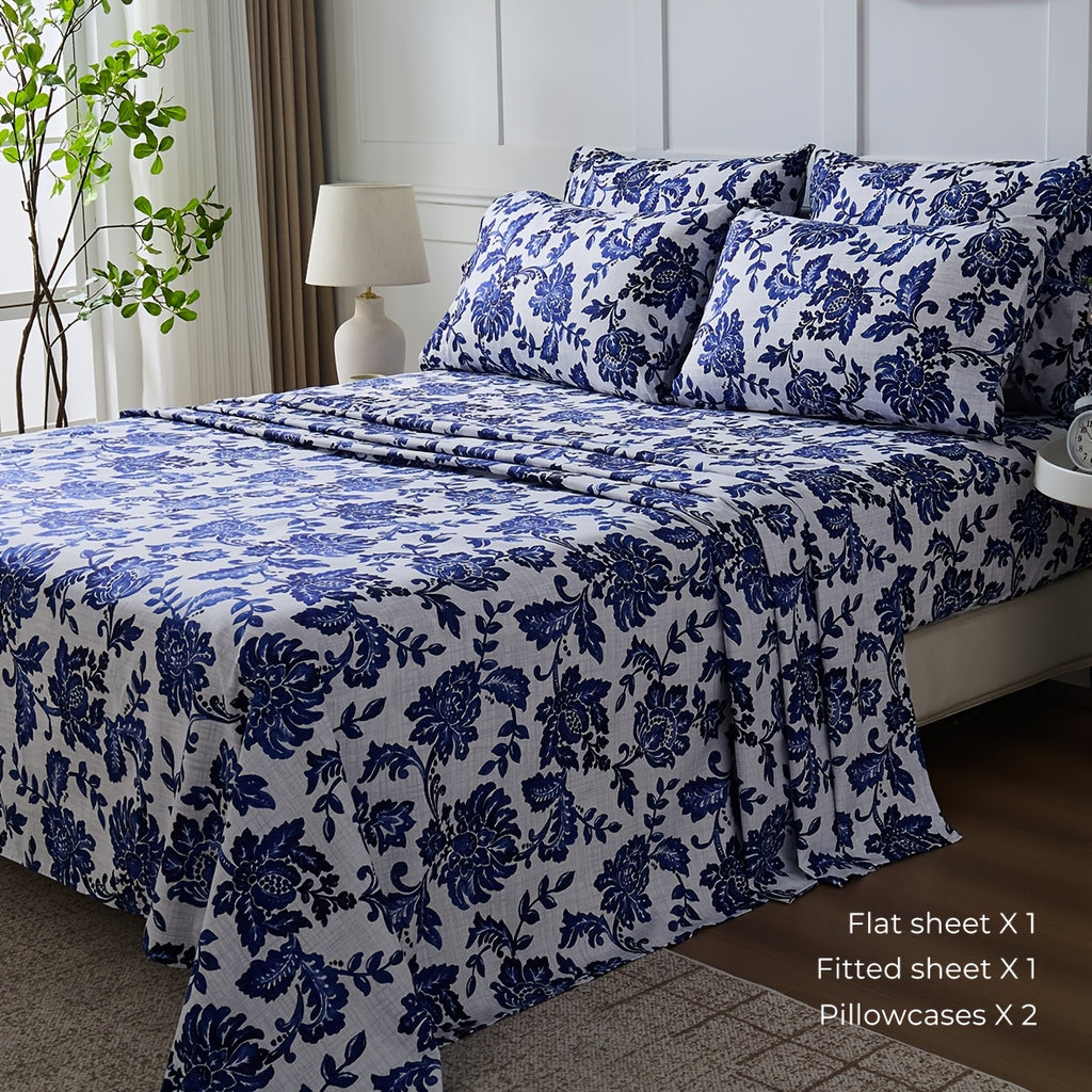Floral Sheet Set – 4-Piece Soft Fitted & Flat Sheets with Pillowcases, Wrinkle-Resistant Bedding