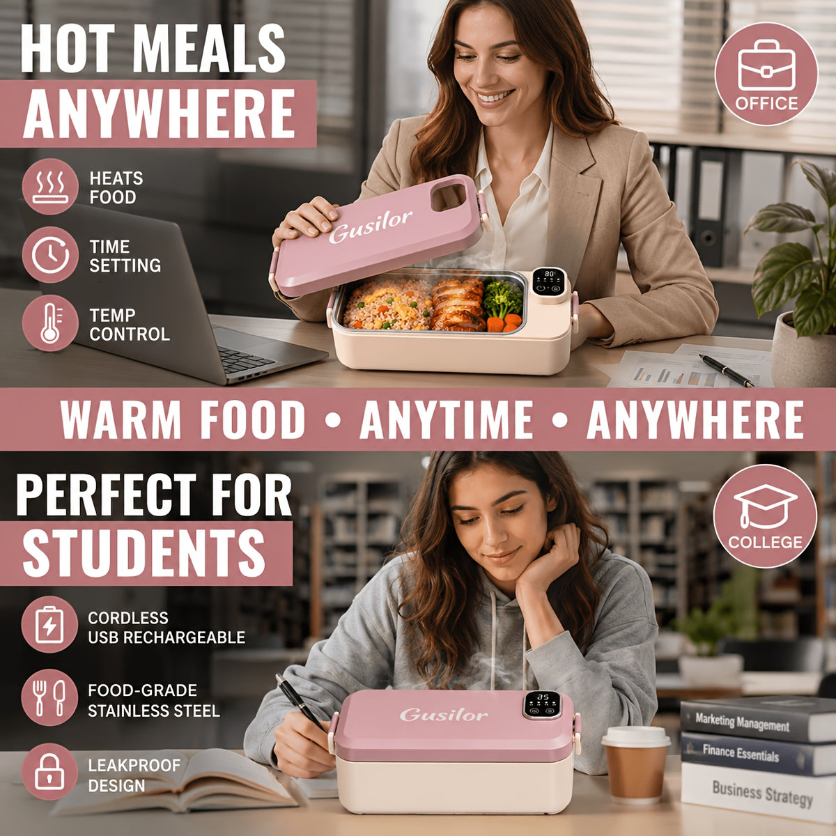 Heated Lunch Box Rechargeable with Timer - Self-Warming Portable Bento Box 80°C Keep Warm for Women & Men, Insulated Meal Prep Container with Lid, Electric Lunch Box for Work & Office