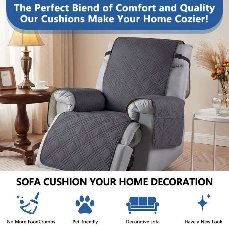 Quilted Recliner Cover with Side Pocket Anti-Slip Elastic Band Pet Furniture Protector – Easy to Install Sofa Recliner Slipcover for Living Room, All-Season Home Decor