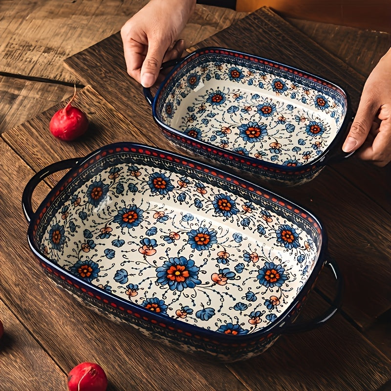 Bohemian Ceramic Baking Dishes Set of 2 - Large Rectangular Oven-Safe Casserole & Pie Pan, Porcelain Roaster Set for Baking & Cooking, Elegant Kitchen Gift, Red Blue Yellow White