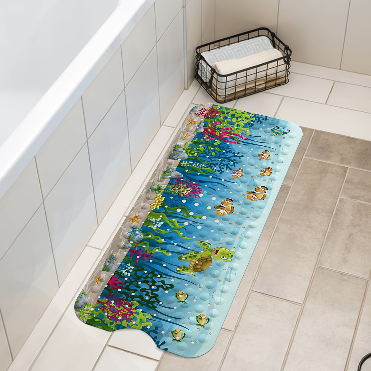Non-Slip Bathtub Mat with Suction Cups & Drain Holes – PVC Shower Mat 40x16, Cushioned, Machine Washable, Fun Ocean Designs for Kids & Adults