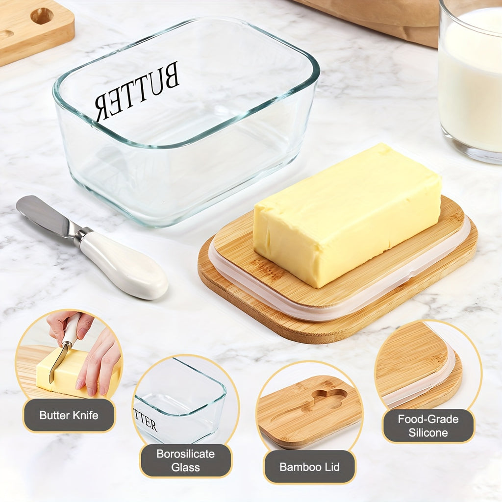 Glass Butter Dish with Lid & Knife, Large 1lb Capacity Butter Keeper with Airtight Seal for Countertop & Refrigerator Shelf, Clear Butter Container for Kitchen Decor, Great Housewarming Gift