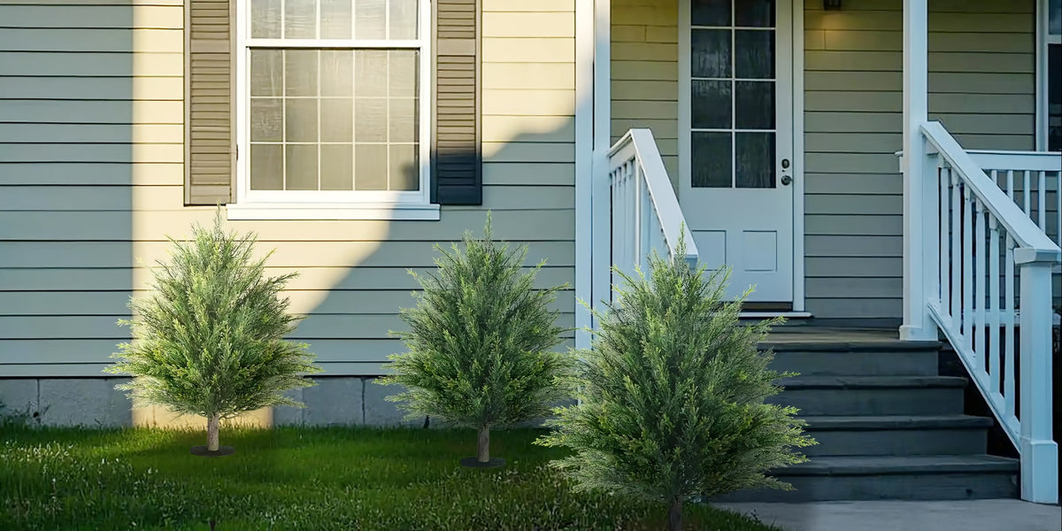 Artificial Cedar Topiary Ball Trees 2 Set UV Resistant Fake Cypress Evergreen Shrub with Ground Spike Faux Plant for Outdoor Porch Garden Yard Indoor Home Decor