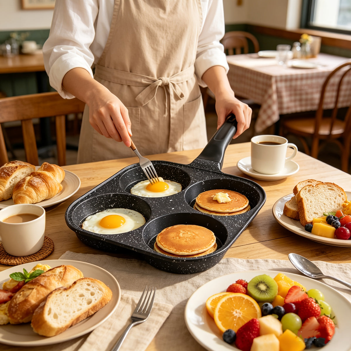 Non-Stick Omelet Pan Breakfast Skillet – Powder-Coated Interior, Heat-Resistant Wooden Handle, Dishwasher Safe | Easy Food Release for Eggs, Omelets & Burgers | Gas Stove Compatible