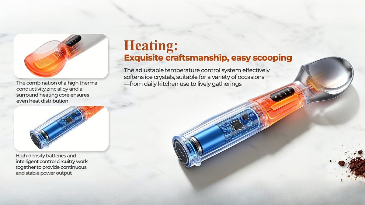 Electric Heated Ice Cream Scoop USB-C Rechargeable with 3 Temperature Settings - Self-Heating Ice Cream Scoop for Hard Ice Cream, IPX7 Waterproof, Ergonomic Zinc Alloy & Silicone, Ice Cream Lover Gift